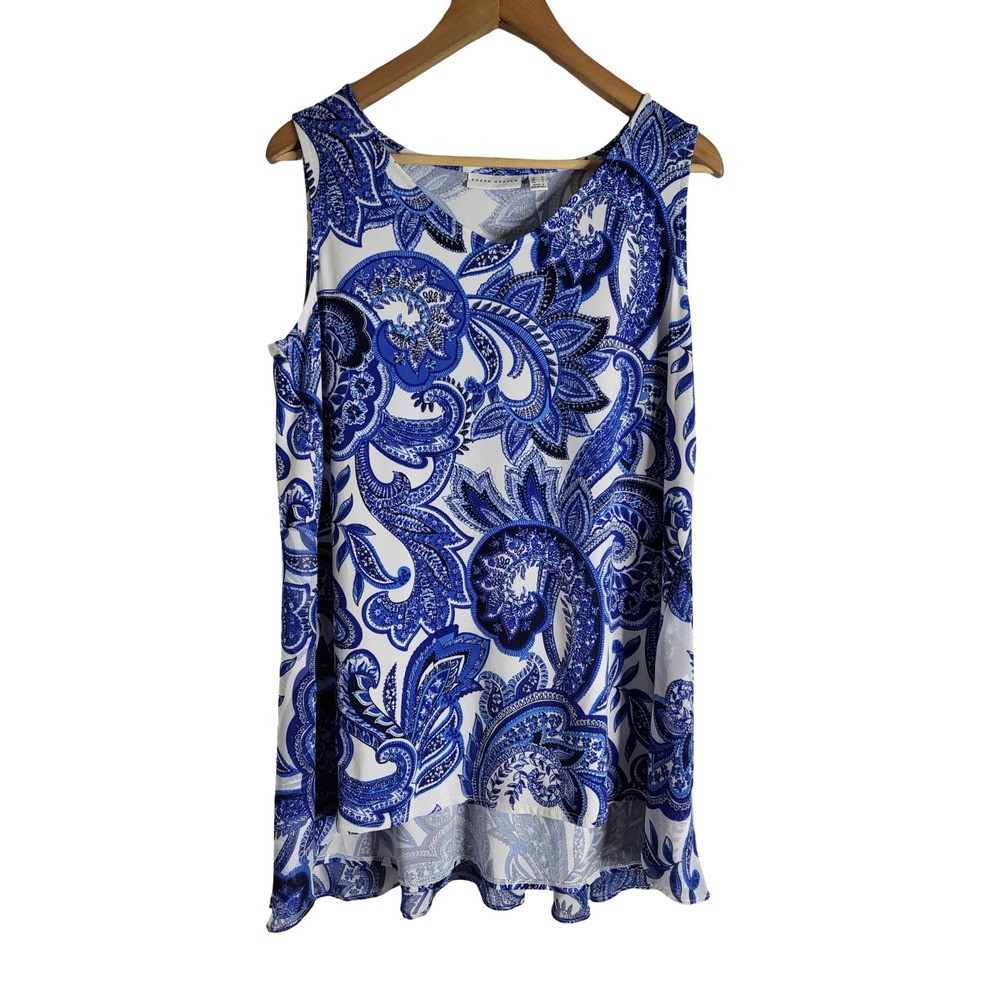 Susan Graver Womens Blue White Paisley Sleeveless V-Neck Hi-Low Tunic Top M